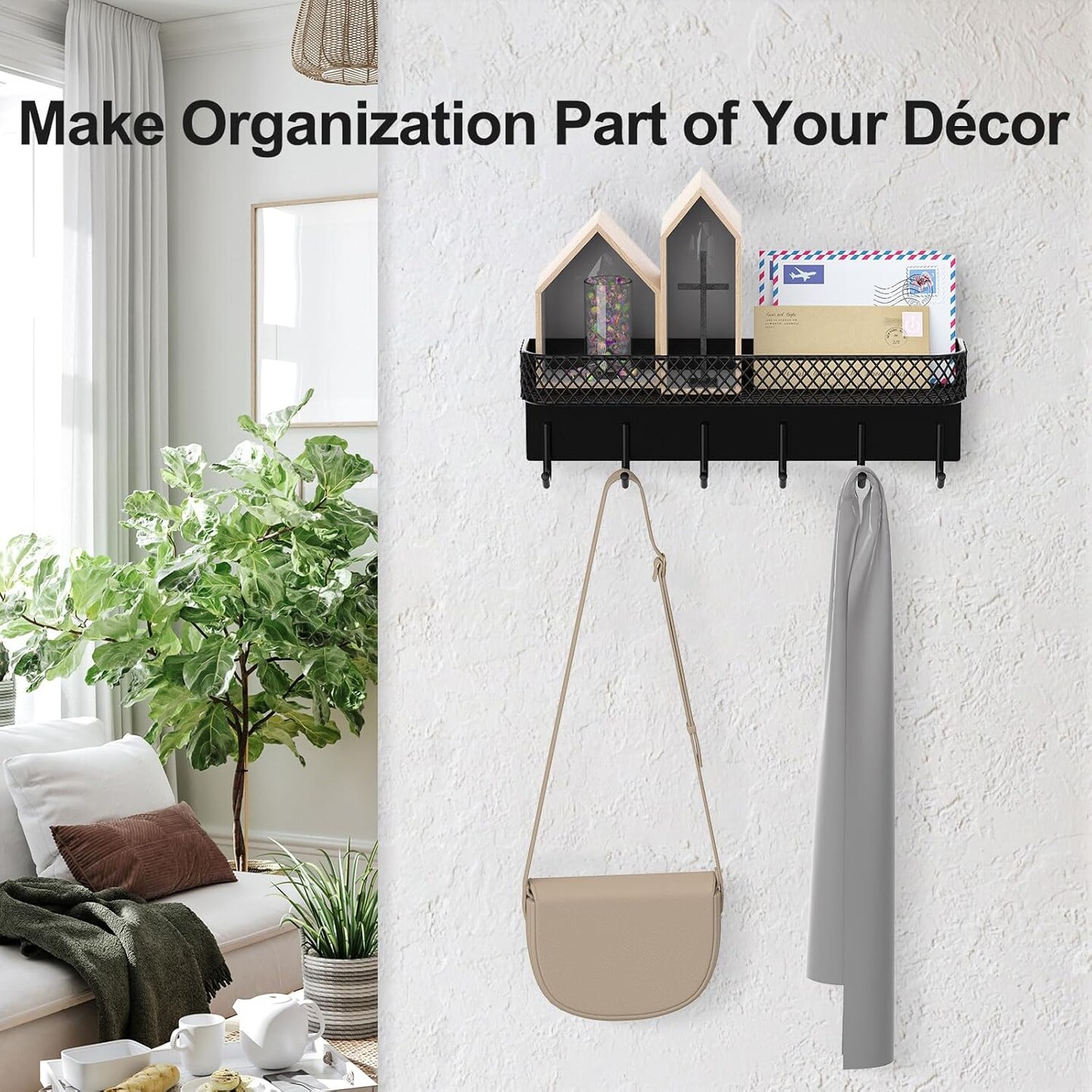 Key Holder for Wall – Decorative Stainless Steel Key Hanger with 6 Hooks for Hats, Bags, Leashes – Mail Holder Key Rack with Mounting Hardware and Guide (9.65” x 2.8” x 2.2”) (Black)