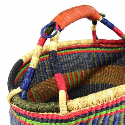 Large Handwoven Market Basket with Leather Handles for Shopping and Storage