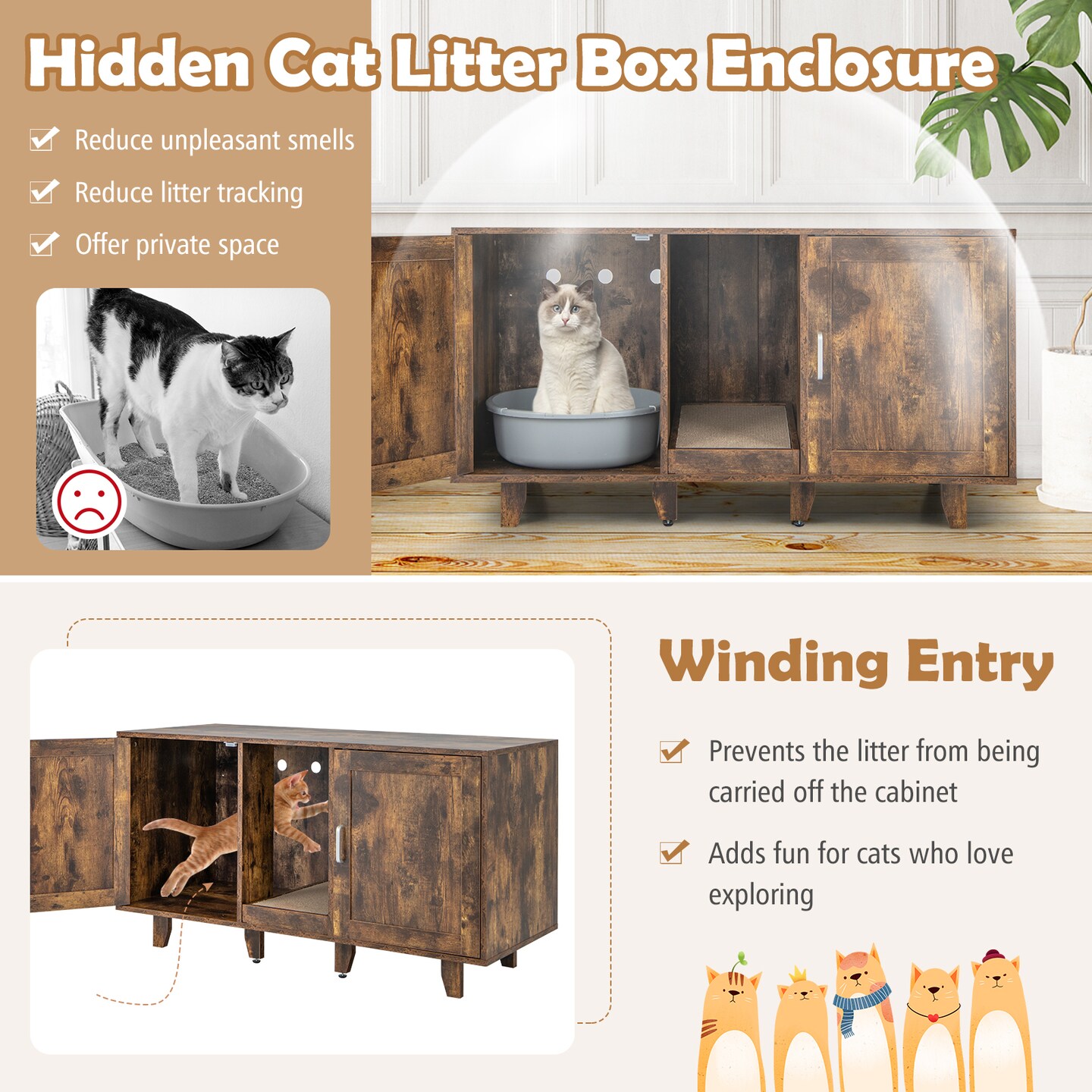 Cat Washroom Litter Box Enclosure with Maze Entry and Scratch Board