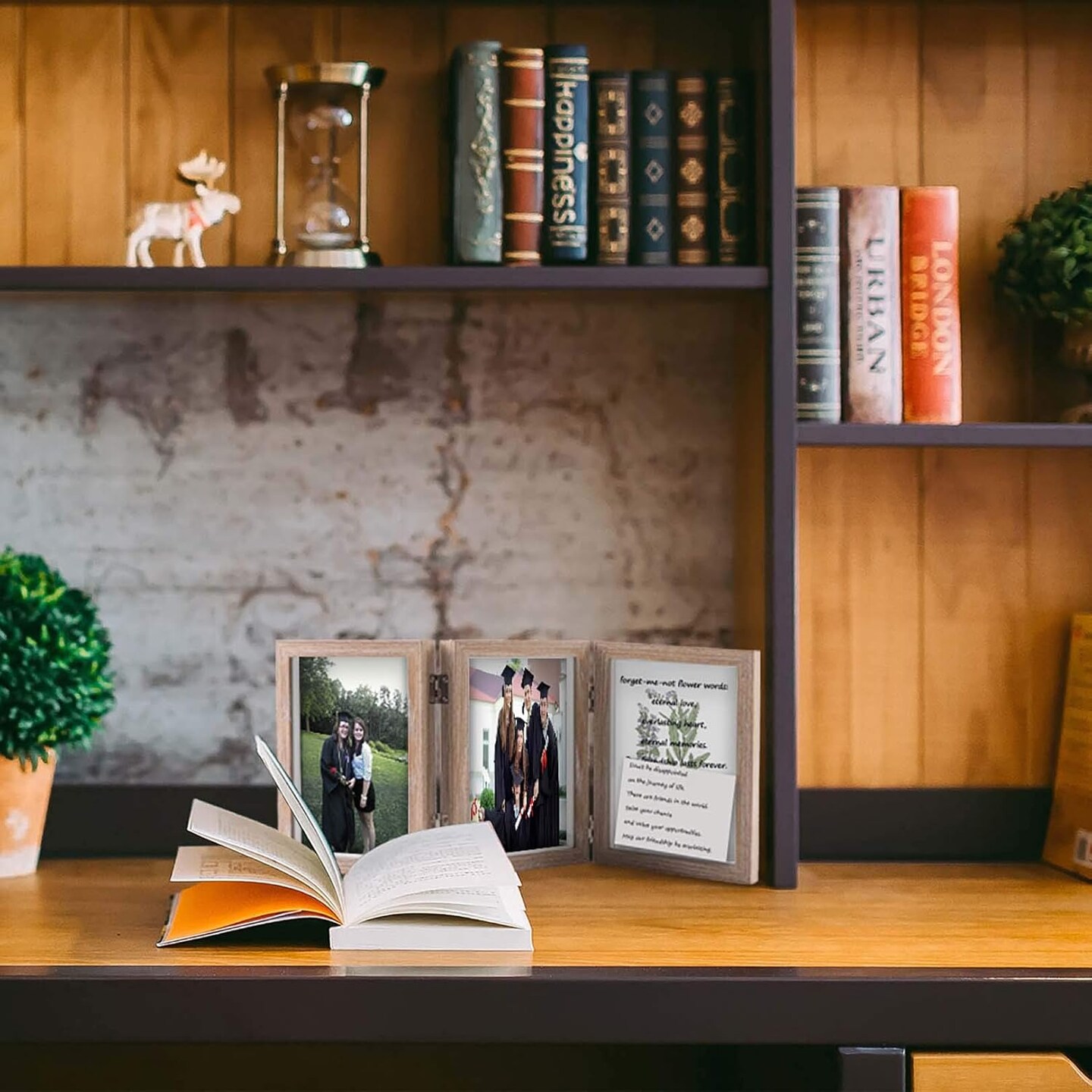 5x7 Triple Hinged Picture Frames Shadow Box MDF Wood Grain with Real Glass 3 Vertical Opening Family Lover Gift