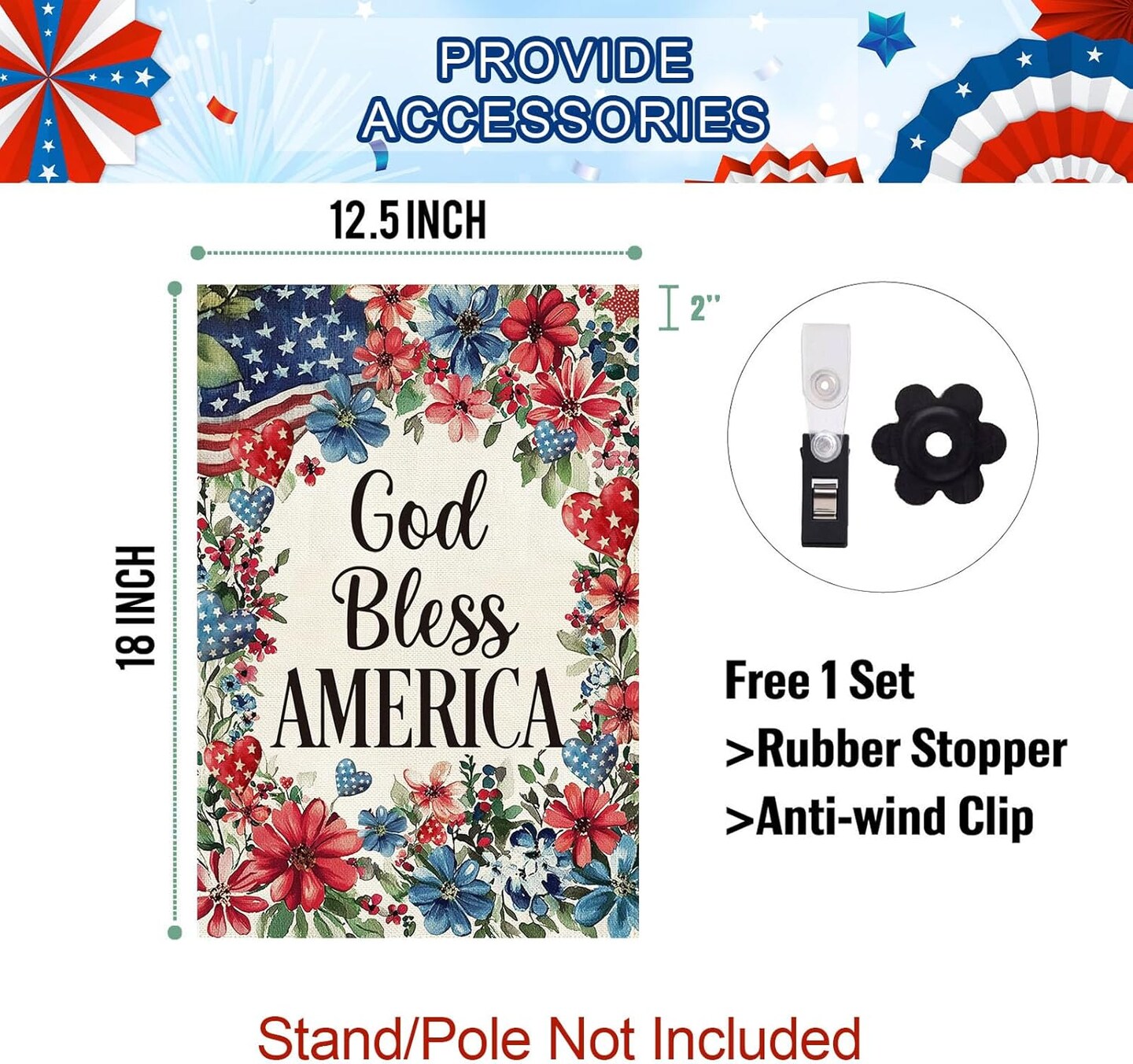 4th of July Patriotic Garden Flag 12.5 x 18 Inch Double Sided Burlap God Bless America Floral Memorial Day Small Yard Flag Summer Holiday Seasonal Farmhouse Outdoor Outside Decoration