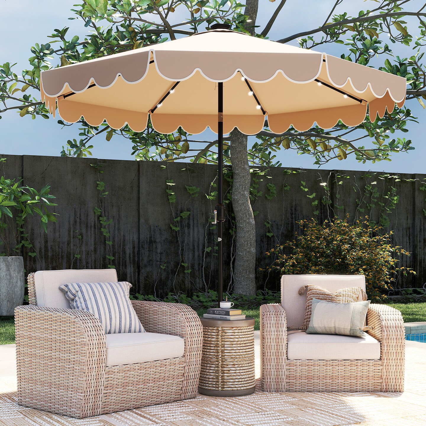 Polyester Auto-Tilt Solar Patio Umbrella with LED Lights and 10x8.3 ft Shade