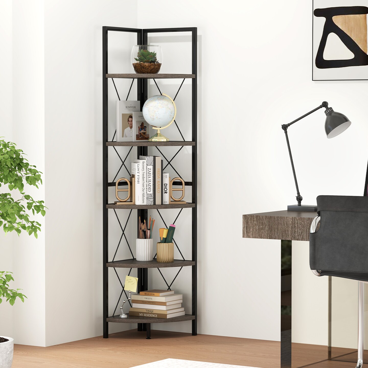 Oak-Black Multi-Purpose 5-Tier Corner Shelf with Metal Frame 63" Tall Space-Saving Bookshelf for Home