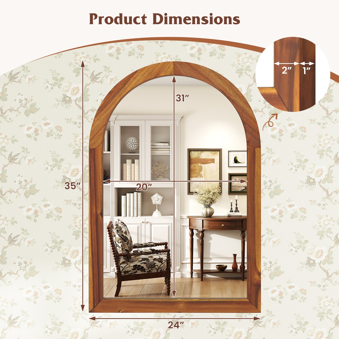 24&#x22;x35&#x22; Arched Brown Wood Wall Mirror with Shatterproof Glass for Bedroom Entryway or Bathroom