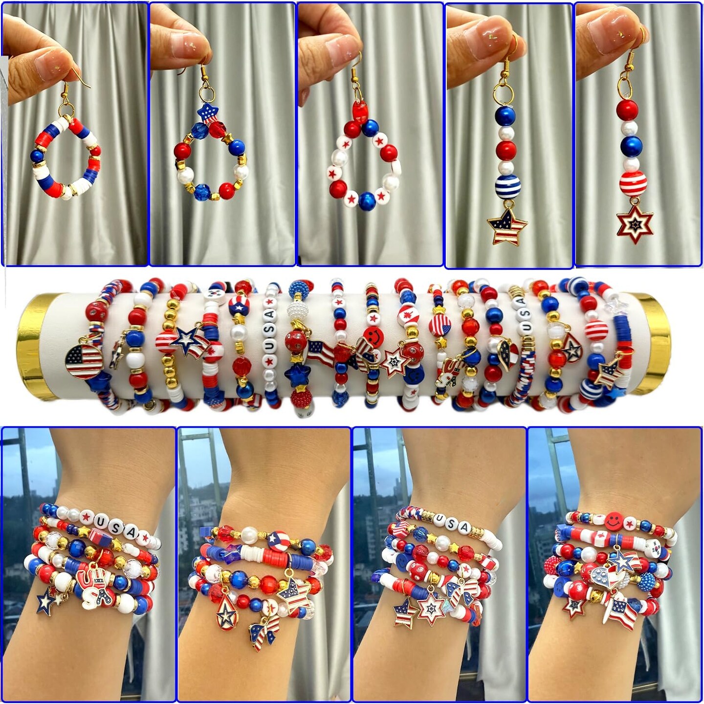 1760Pcs Red White and Blue Beads for Bracelets Kit, 4th of July Bead Patriotic Beads for Jewelry Making America Flag Heishi Clay Beads Star Round Pearl Beads Letter Beads for Earrings DIY Craft