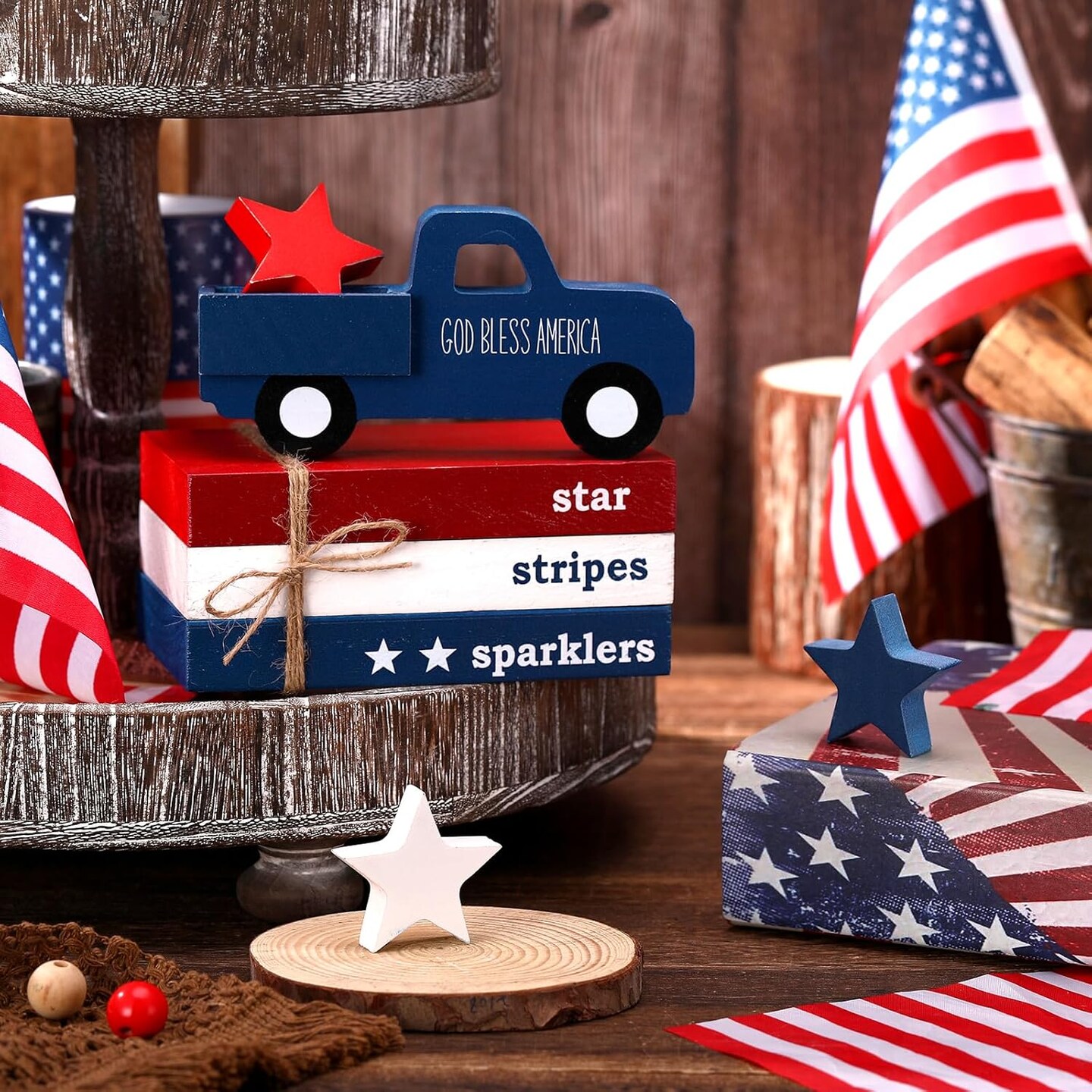 7 Pcs 4th of July Table Decoration Memorial Day Tiered Tray Decoration Patriotic Wooden Faux Book Stack Centerpiece Red White Blue Decor for Bookshelf Independence Gift(4th of July)