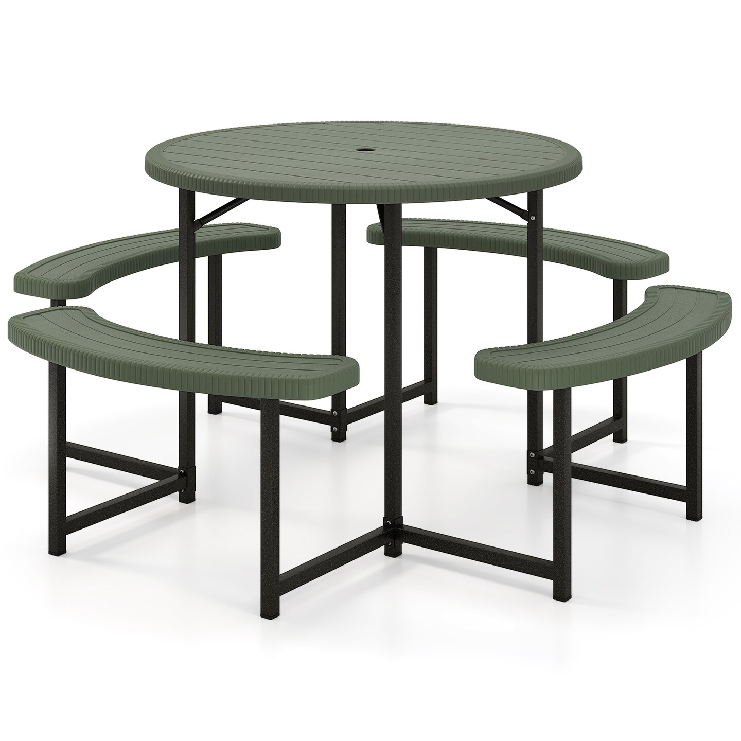 Patio Picnic Table Bench Set with 4 Seats and Umbrella Hole for Outdoor Dining