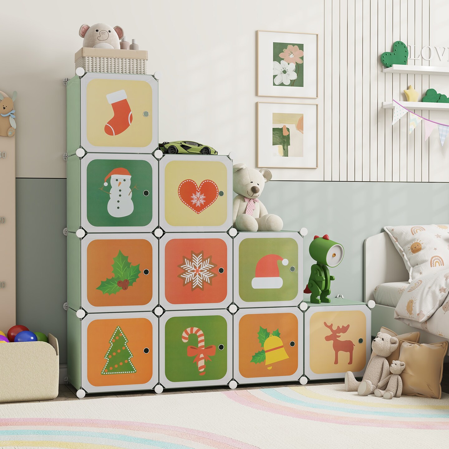12 Cube Kids Storage Closet with Hanging Pole and Cartoon Doors