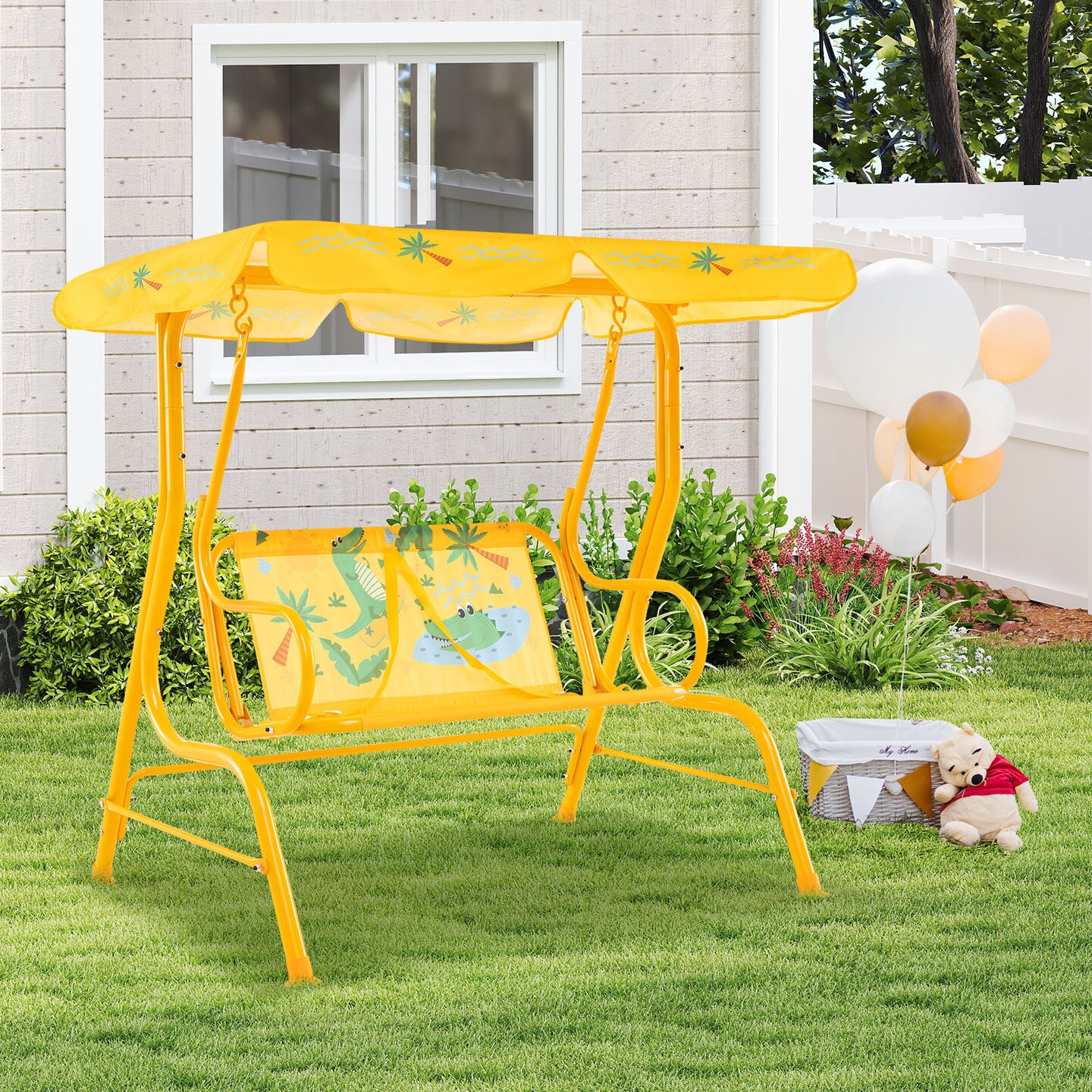 2 Seater Kids Patio Swing with Adjustable Canopy, Metal Frame and Safety Belts