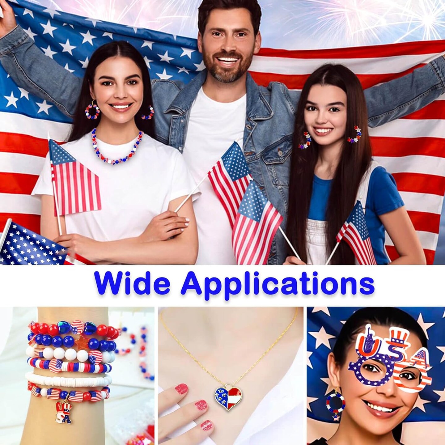 2290Pcs 4th of July Red White Blue Beads Bracelet Making Kit Independence Day Patriotic Clay Heishi Beads Star Heart Charms with America Flag Heart Hat Pendant Accessories for DIY Jewelry Making