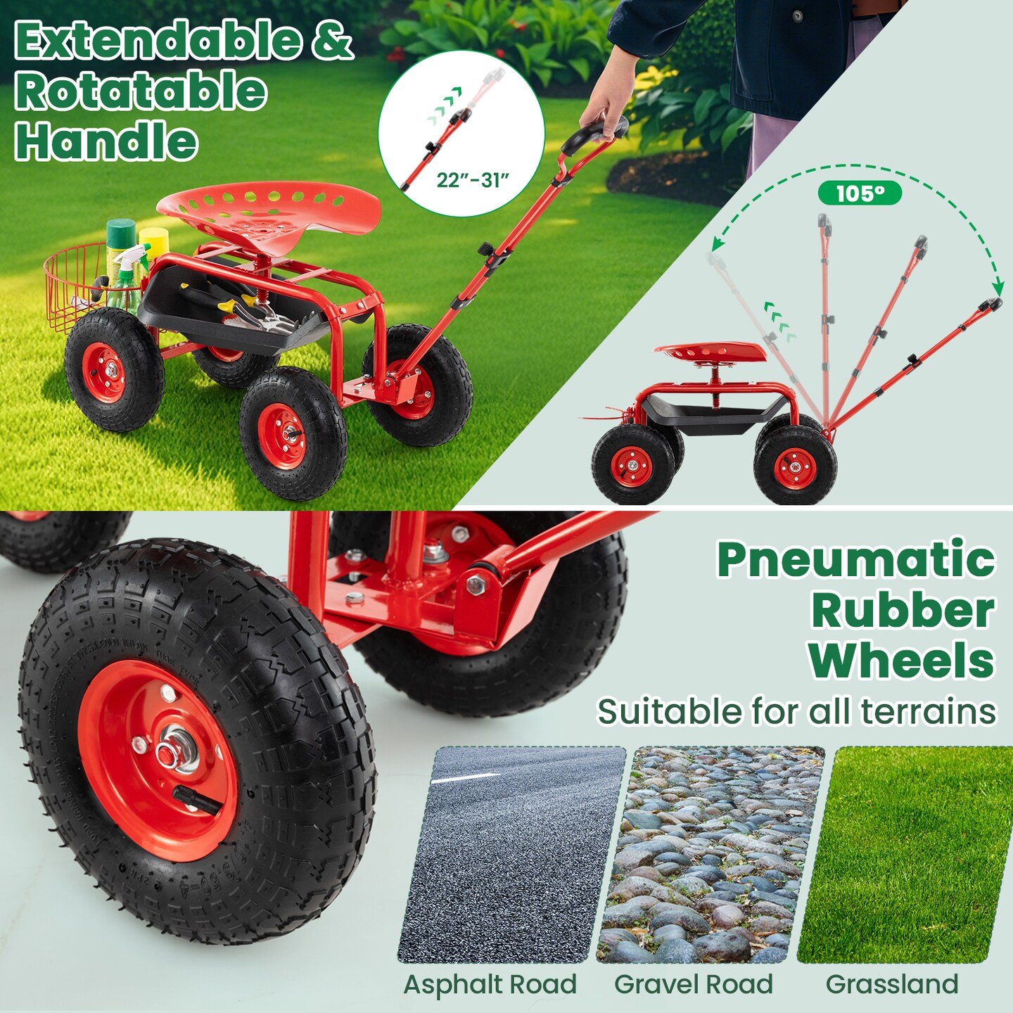 Multi-functional Garden Scooter Adjustable Swivel Seat Cart with Storage Basket and 10" Rubber Wheels