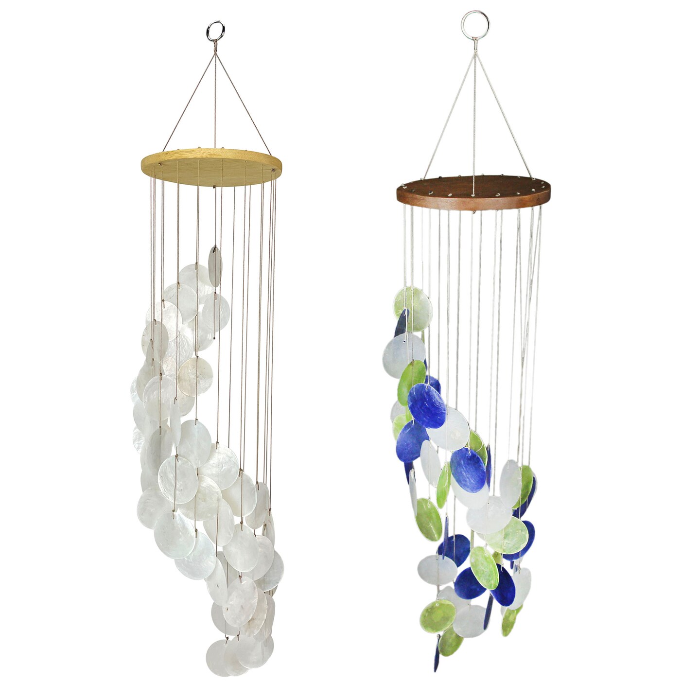 Set of 2 Spiral Capiz Shell Wind Chimes, White & Blue Green, 29" Coastal Décor