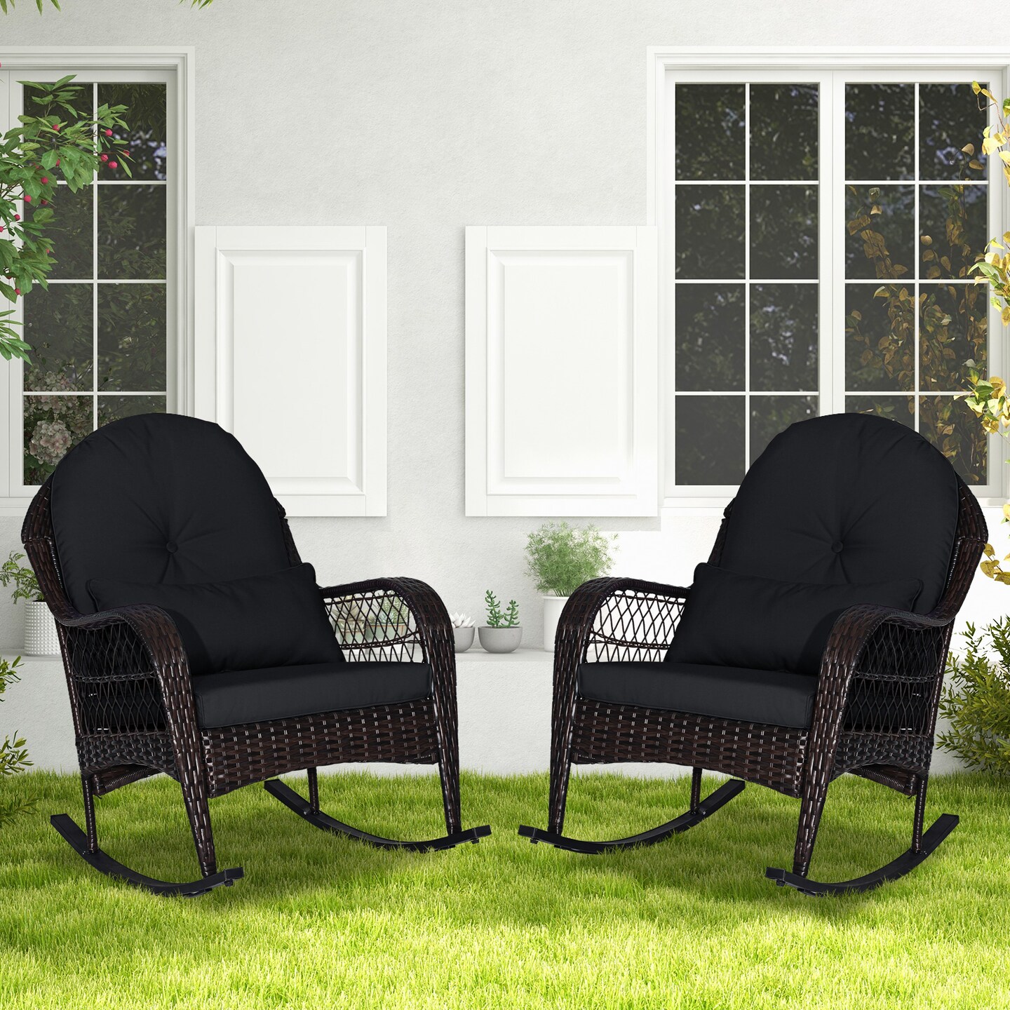 Outdoor Rattan Rocking Chair with Cushions for Porch or Garden Use