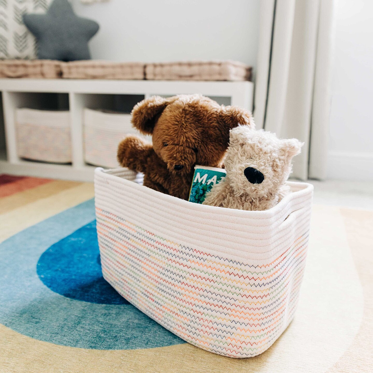 Woven Storage Basket, Nursery Storage Basket, Towel Basket for Bathroom, Cotton Rope Basket for Storage, Decorative Storage Baskets, Woven Baskets for Storage, Rainbow Book Basket