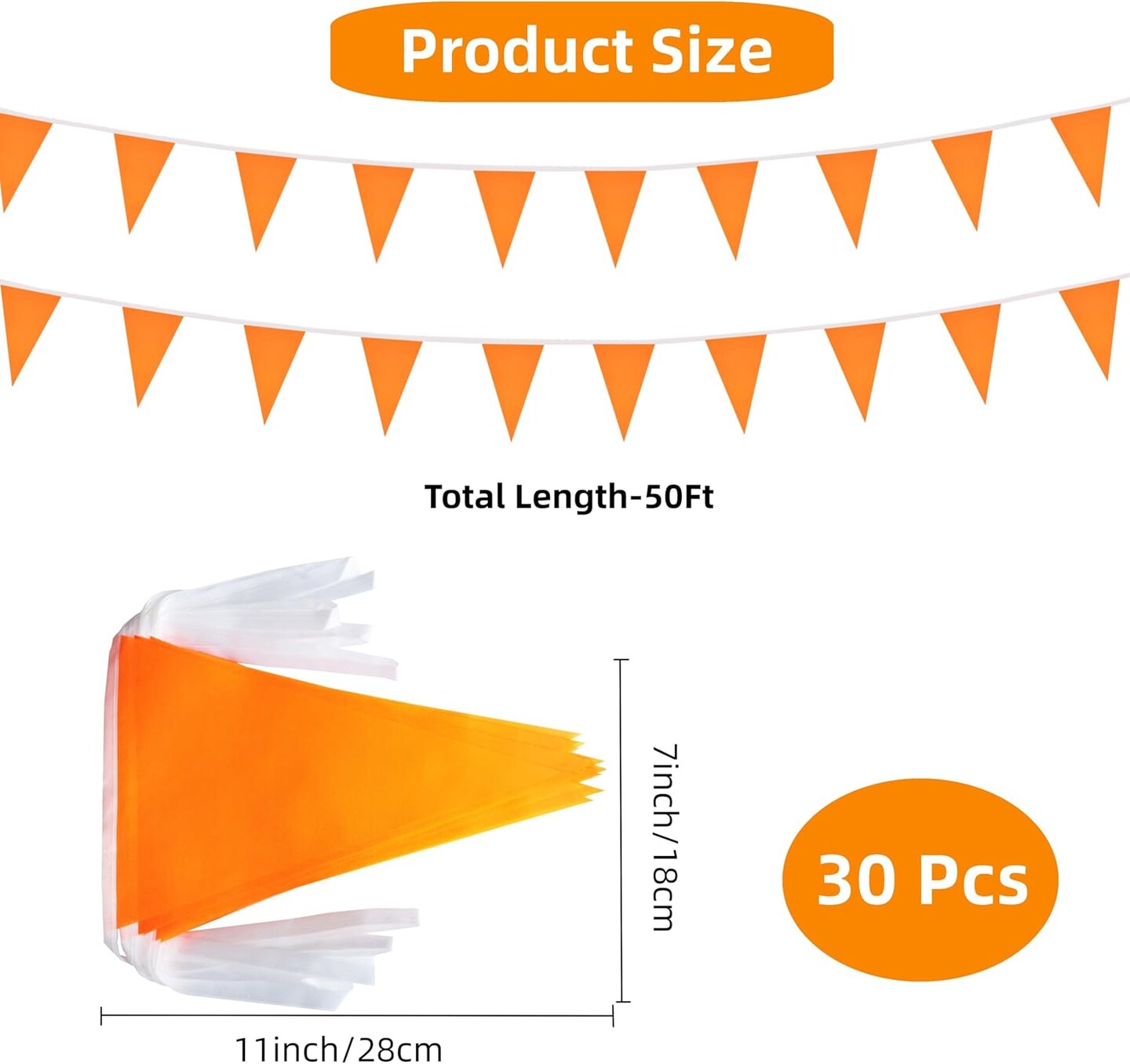 50 Feet 30 Pcs Solid Orange Pennant Banner Flags