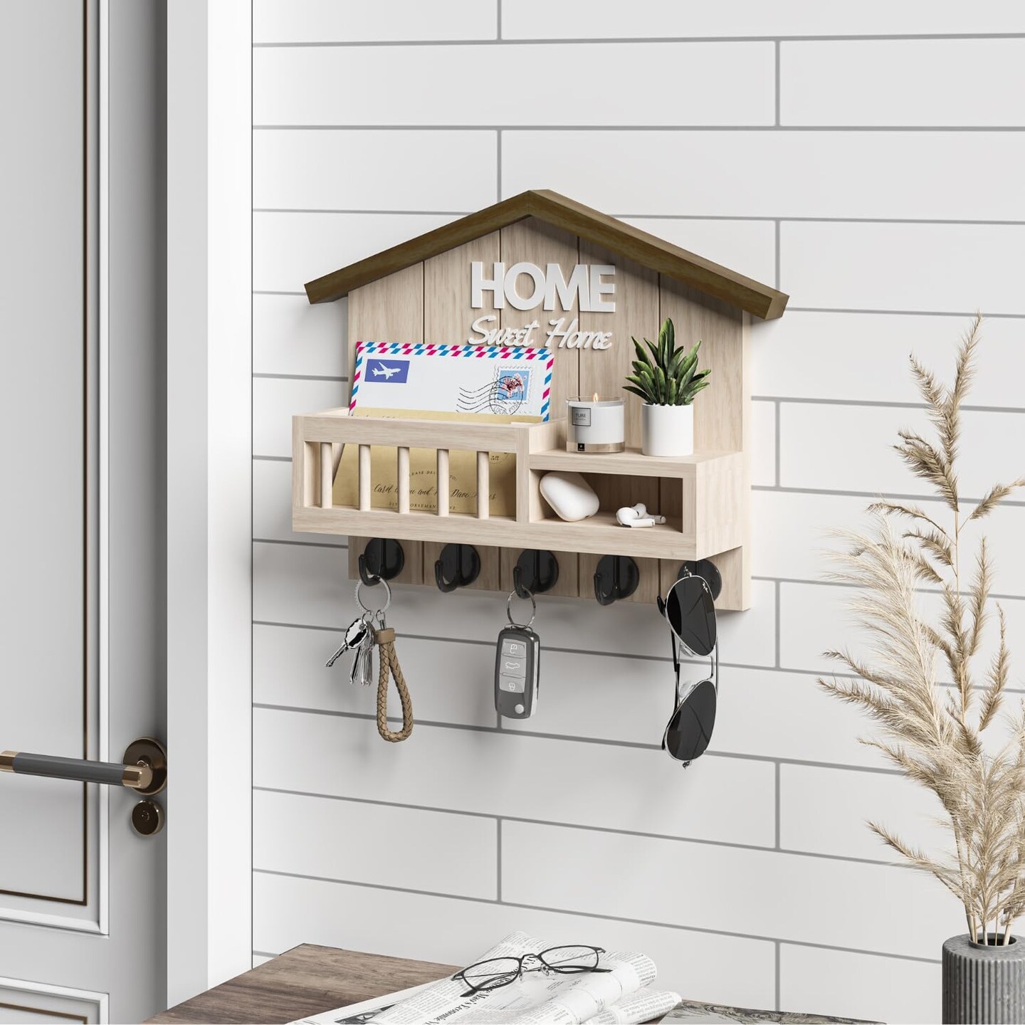 Key and Mail Holder for Wall, Wall Key Holder with Shelf, Home Key Holder for Wall, Wood Key Holder Wall Mount, Mail Organizer Wall Mounted, Entryway &#x26; Front Door Key Holder with 5 Hooks(White)
