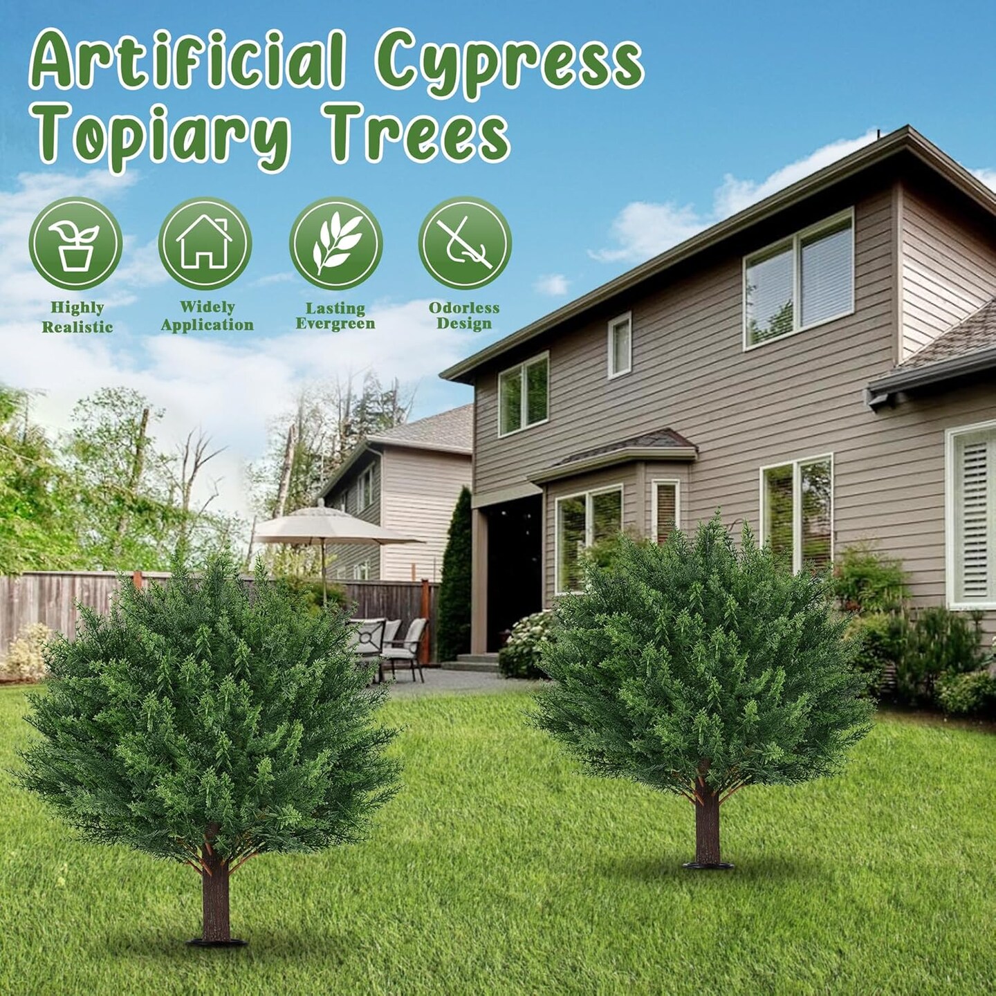 Set of 2 Artificial Cypress Topiary Trees – Fake Evergreen Shrubs with Ground Spikes for Outdoor Planters, Porch, and Indoor Use, UV-Resistant