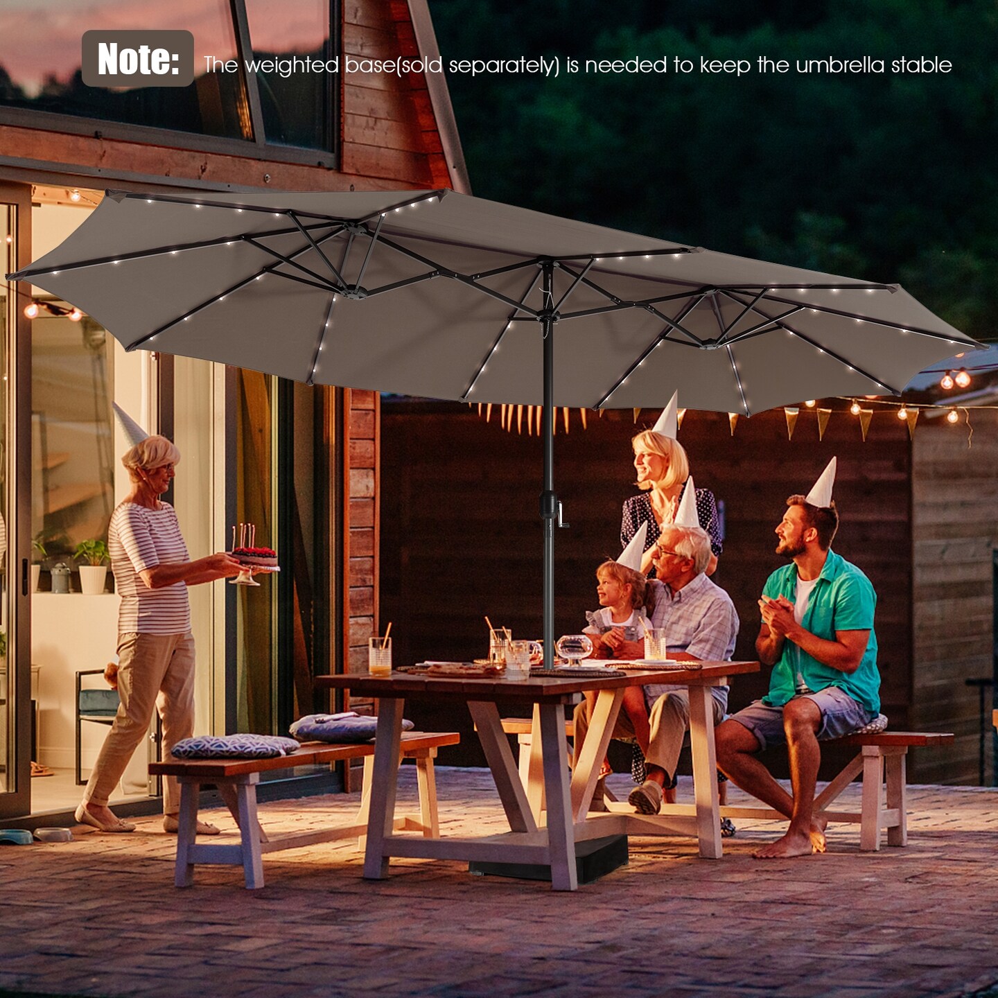 Outdoor 15 Feet Double-Sided Umbrella with Solar LED Lights for Patio