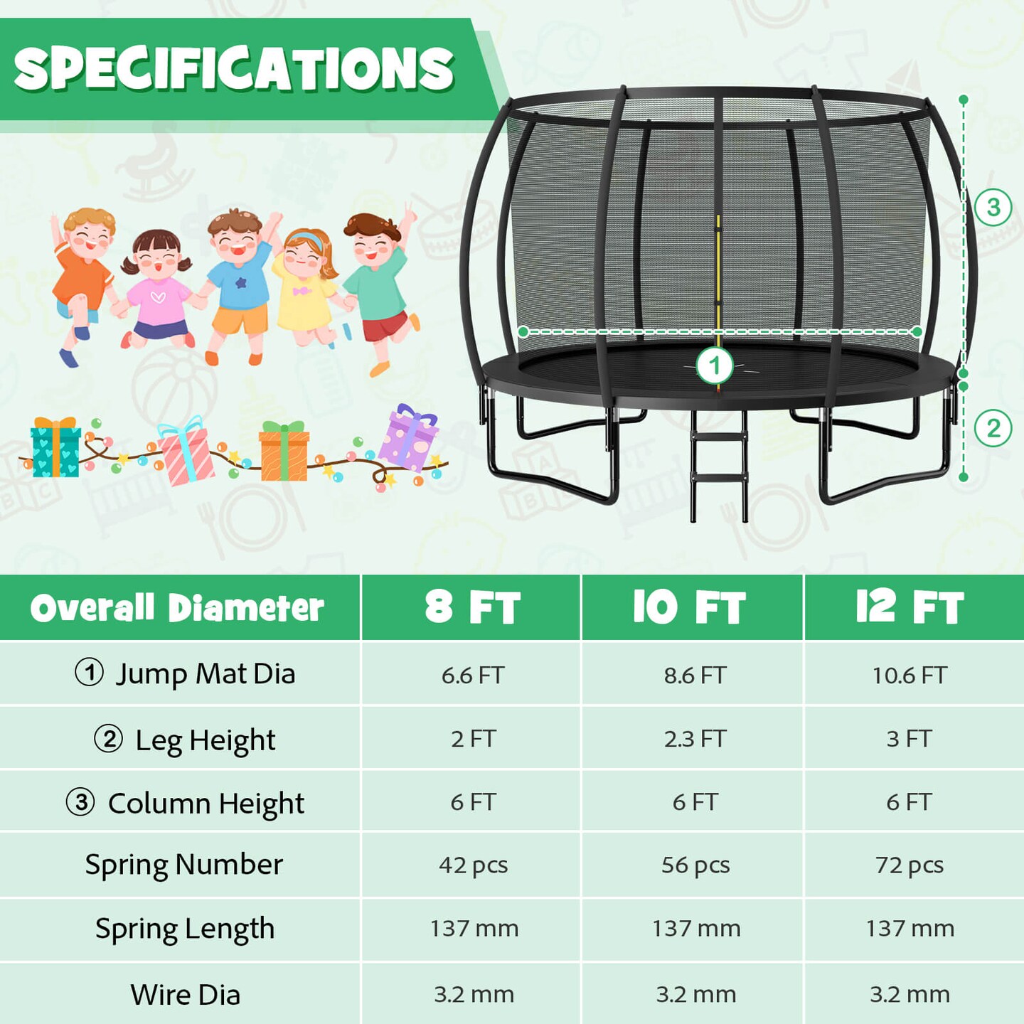 Outdoor 12ft Trampoline for Kids and Adults with Enclosure Net and Ladder