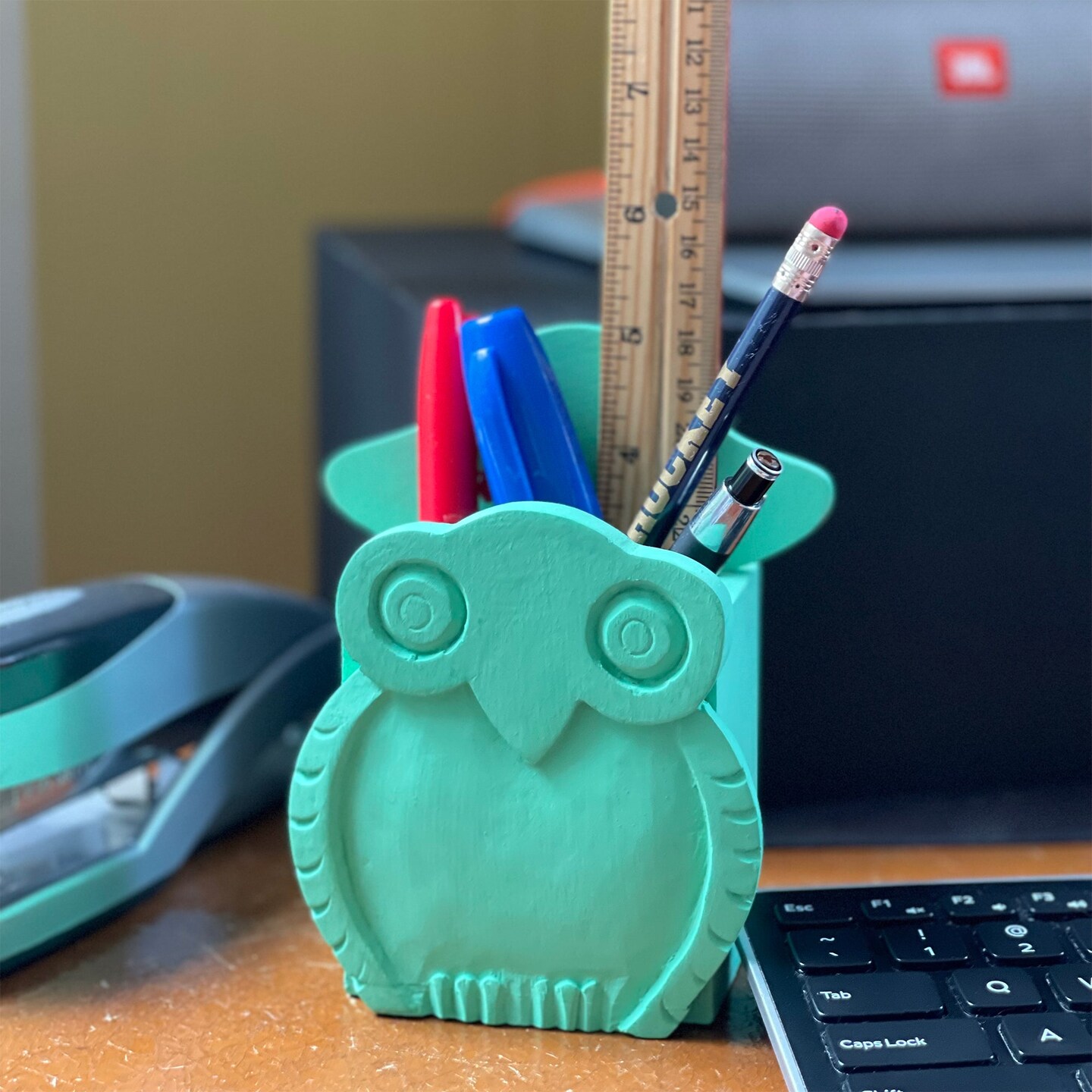 5.25” Tall Mint Green Owl Pen and Glasses Holder Handmade Mango Wood Desk Organizer for Home Office