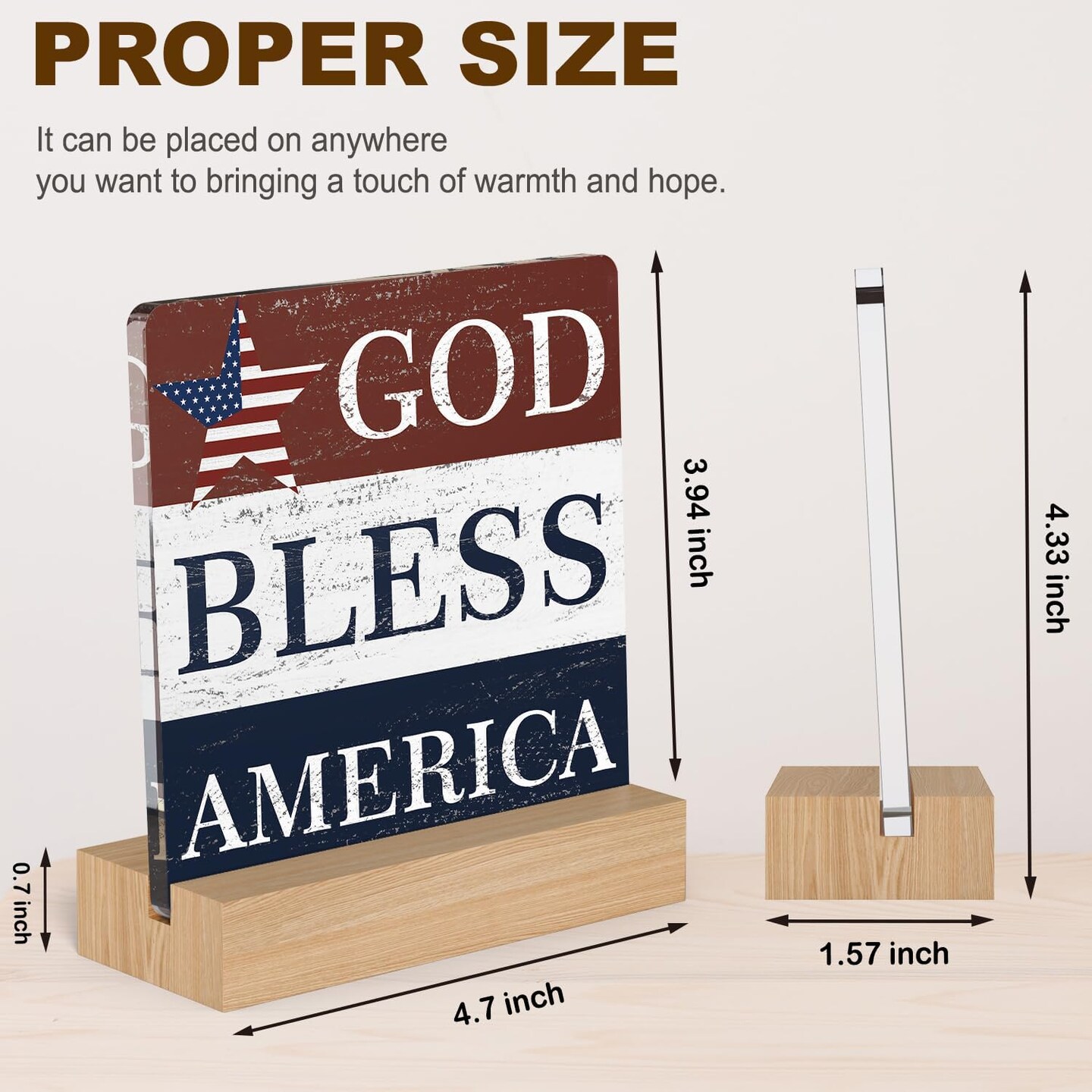 4th of July Patriotic Decorations Gifts for Independence Day Decor, God Bless America Farmhouse Desk Table Decor Acrylic Plaque with Wooden Stand, Memorial Day Red White and Blue Art Decor