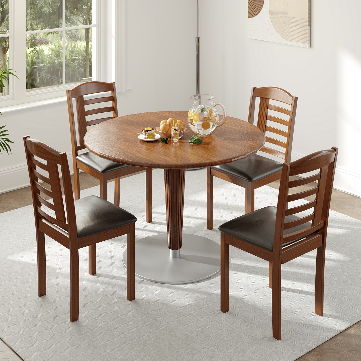 Set of 2 Classic Wood Kitchen Chairs with Cushioned Faux Leather Seats