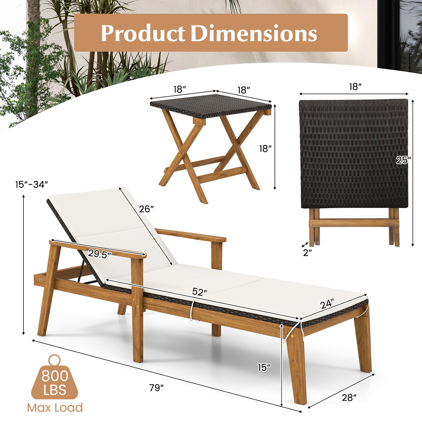 2-Piece Outdoor Patio Chaise Lounge Set with Folding Coffee Table