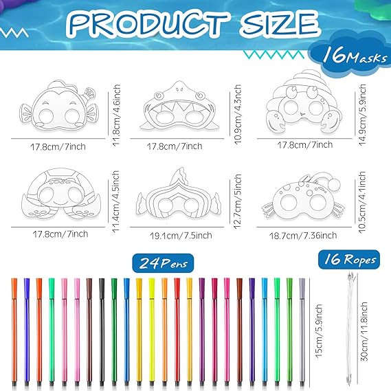 16 Pcs Ocean Animals Mask Craft Kit 16 Pcs DIY Coloring Paper Masks with 24 Color Markers Under the Sea Crafts Kits for Summer Underwater Animal Activity Costume Cosplay