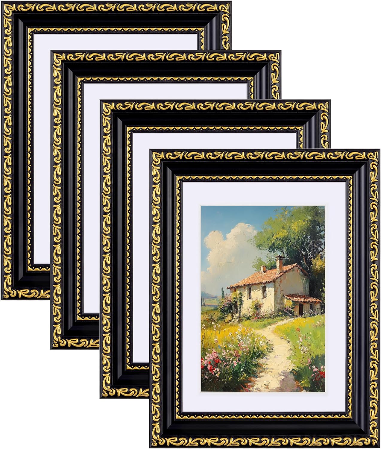 5x7 Picture Frames Set of 4, Vintage Photo Frames with Glass, for Tabletop or Wall Decor, Black Gold