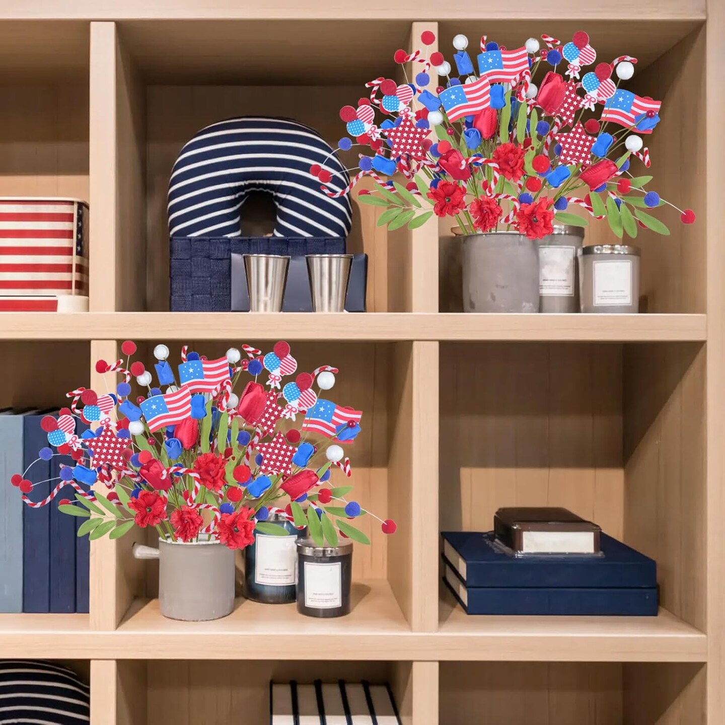 8 Pcs Patriotic Flowers Artificial Tulips, Red White Blue Silk Flowers with Berries American Flags Balloons Stars for 4th of July Home Decor, Living Room Kitchen Centerpiece Table Decorations