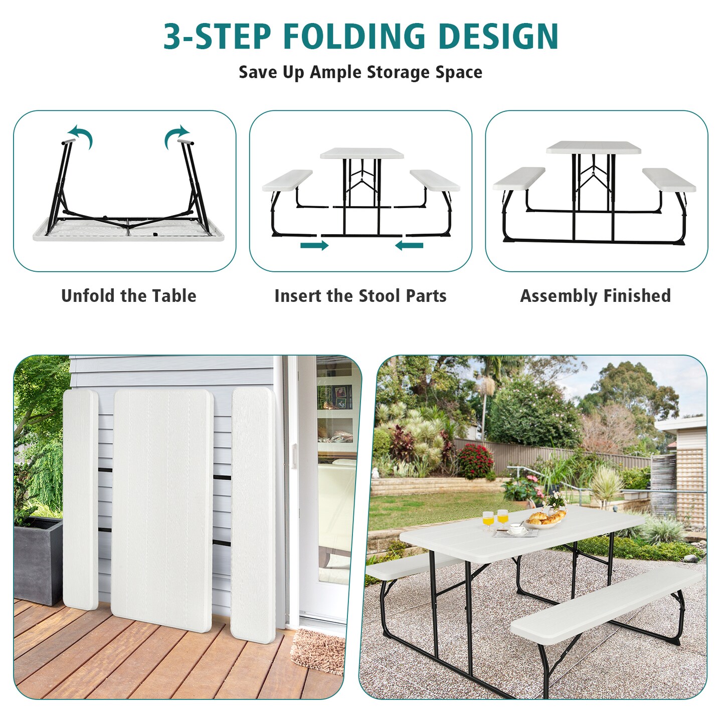 Folding Picnic Table Bench Set for Indoor Outdoor Use Wood Look White