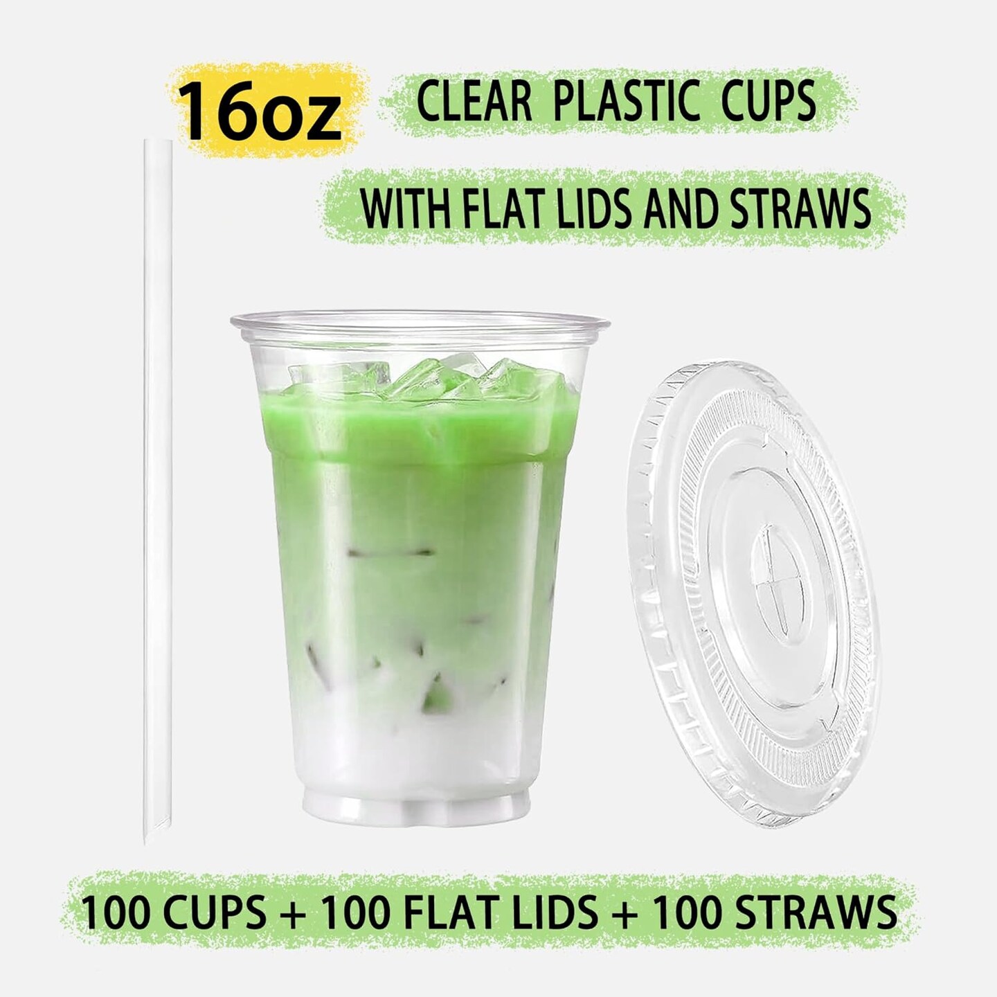 16 oz Clear Plastic Cups with Lids and Straws Set (100 Pack) – Disposable Crystal Iced Coffee Cups with Flat Lids & Straws for Smoothies, Drinks & Parties