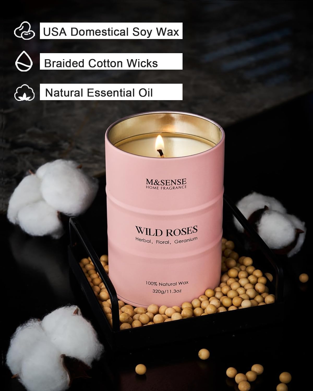 Wild Rose Natural Scented Candle, 70 Hours Long Lasting Soy Candles 11.3oz, Stress Relief Aromatherapy Candles for Women, Romantic Candle Gifts Gifts for Her