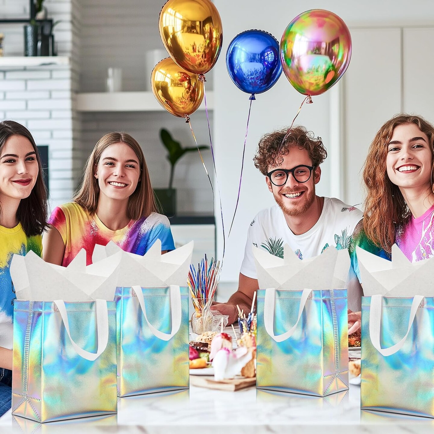 12pcs Reusable Gift Bags&#xFF08;Includes Tissue Paper&#xFF09; Gift bag with handle Birthdays Parties Holidays Weddings Medium 10x4x8in holographic Gift Bags