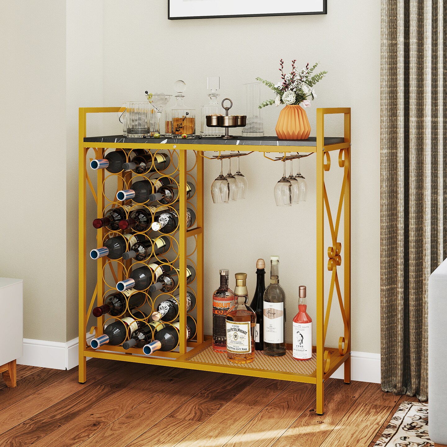 Stylish 21-Bottle Wine Rack with Black Wooden Countertop Golden Metal Frame Glass Holders and Shelf