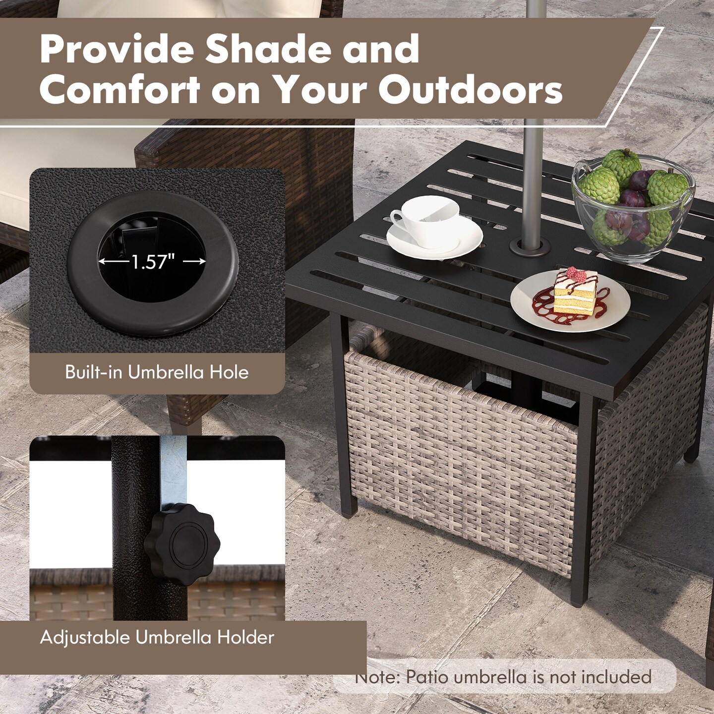 Heavy-Duty Outdoor PE Wicker Storage Table with Umbrella Hole and Rust-Resistant Steel Frame