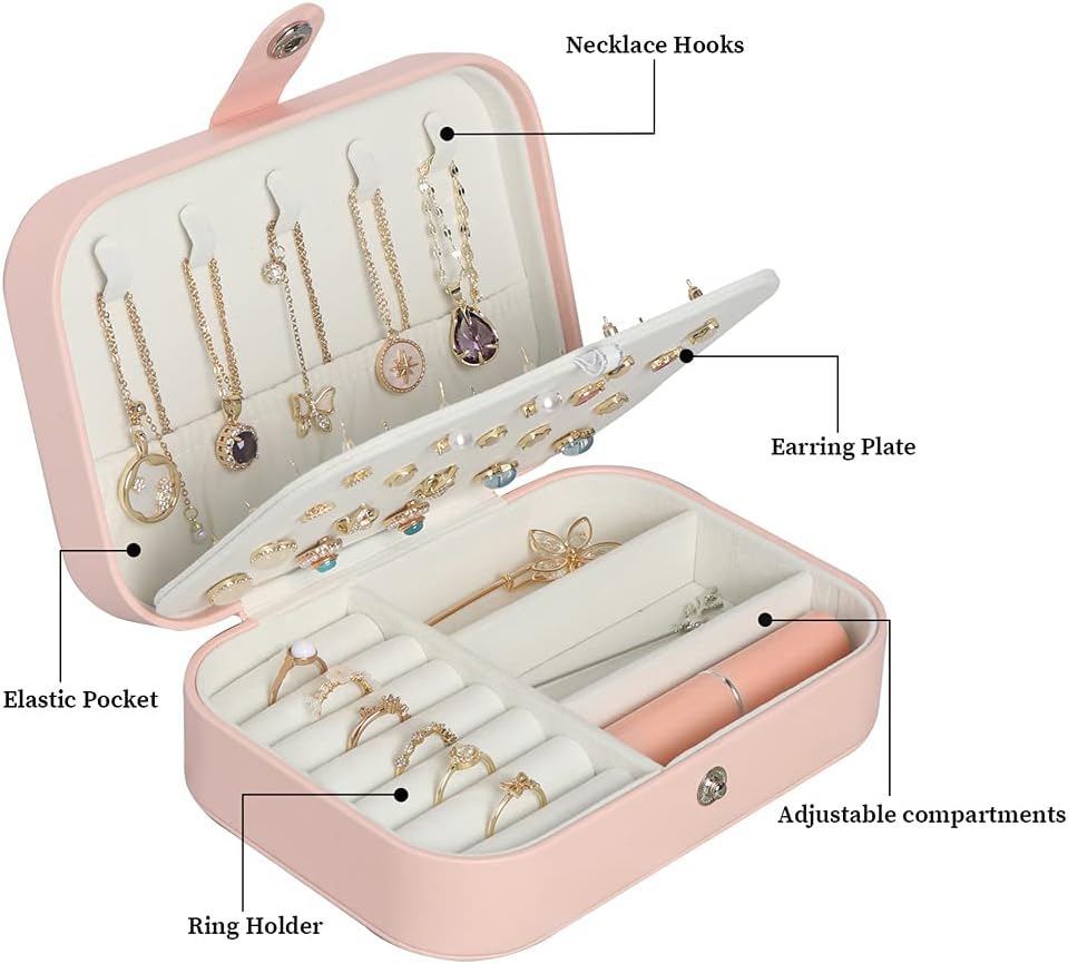Travel Jewelry Box, Small Jewelry Organizer Boxes for Women Girls, 2 Layer Travel Jewlery Case, PU Leather Mini Portable Jewerly Storage Display Holder for Earrings, Ring, Necklaces, Bracelets - Pink