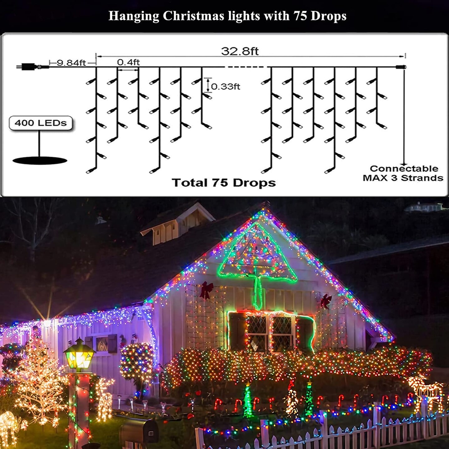 Led Christmas Lights Outdoor Christmas Decorations Hanging Light 400LED 8 Modes 75 Drops, Waterproof Outdoor Indoor Fairy Christmas Lights for Party, Holiday, Wedding Decorations (Multicolor)