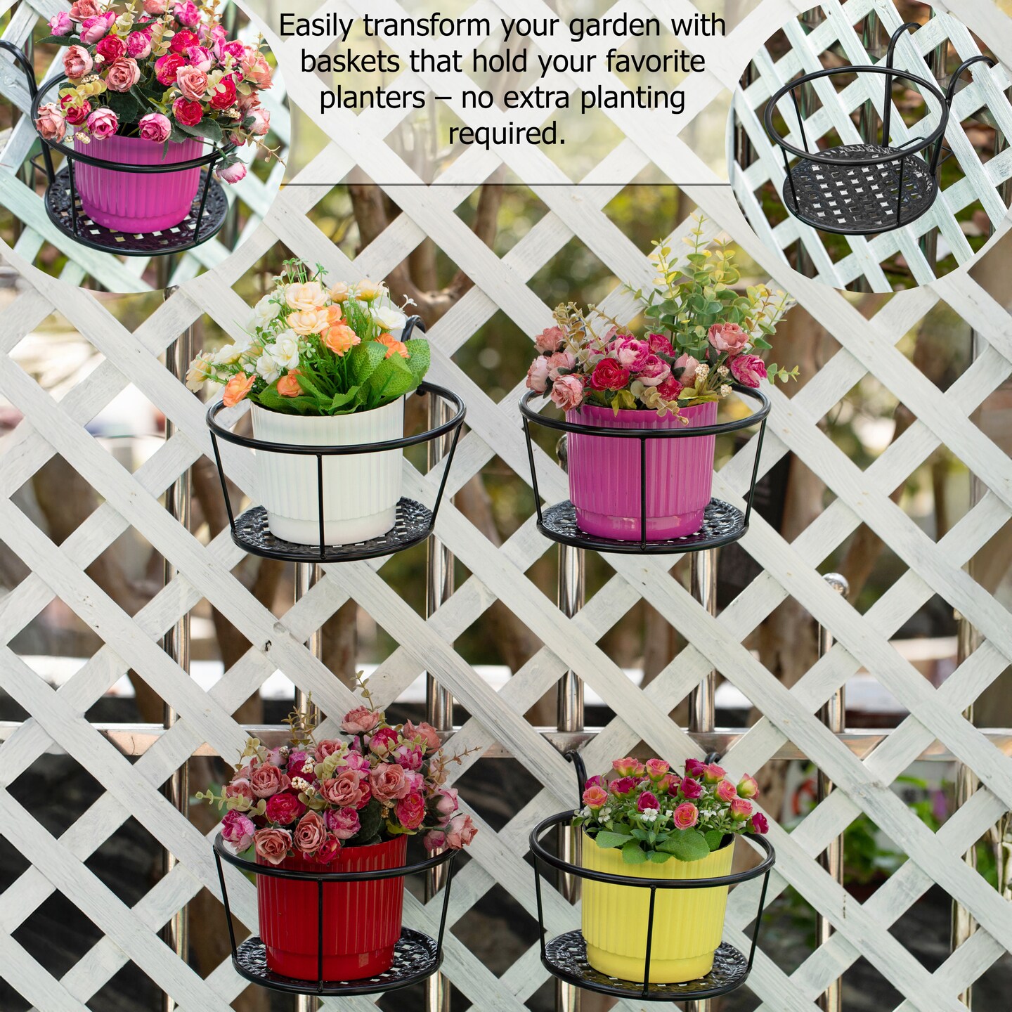 Gardenised Set of 4 Decorative Round Iron Hanging Bucket Style Plant Pot Holders and Flower Baskets with Hooks for Railing Fence Balcony Deck Patio Porch Garden Yard Indoor and Outdoor Home Use