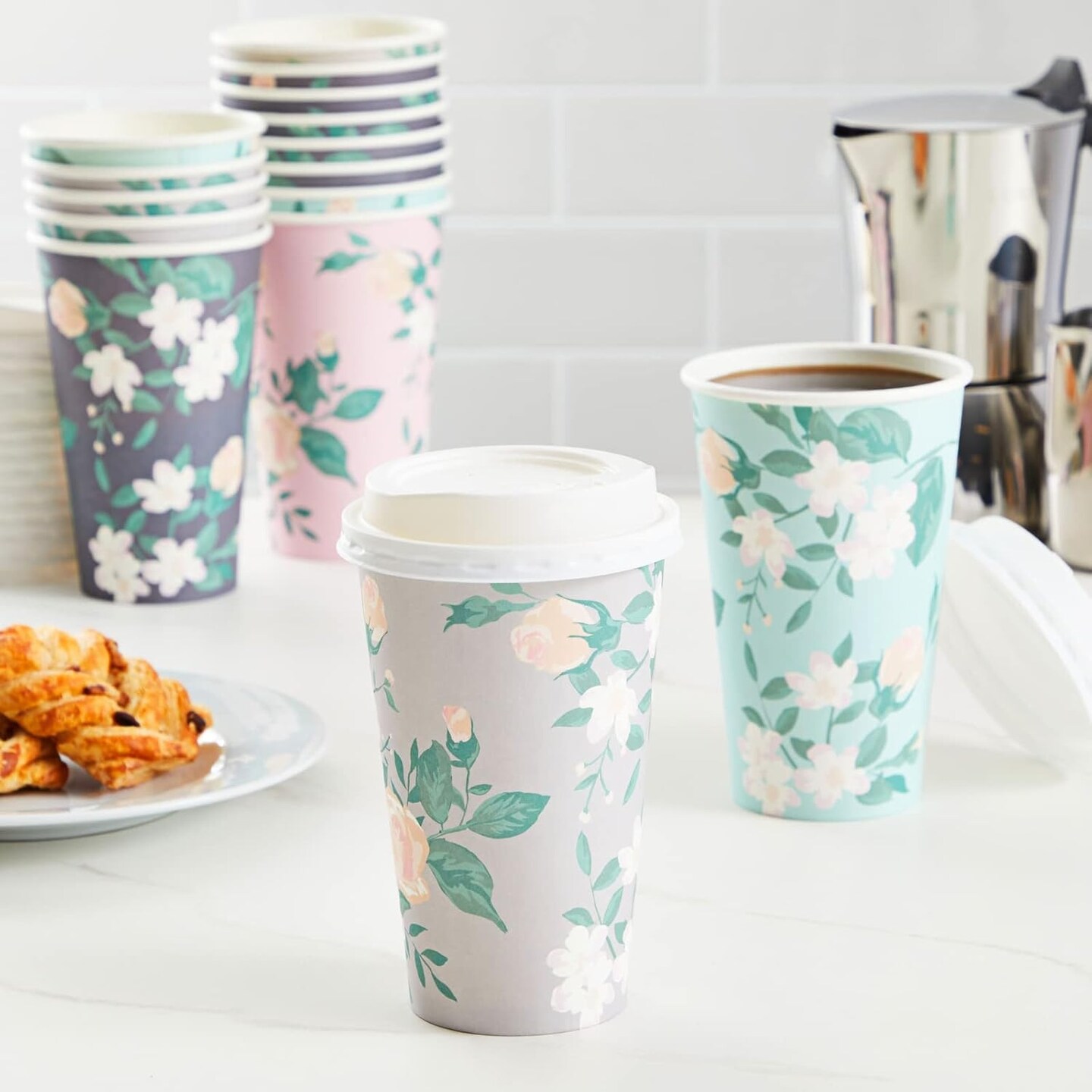 4 Pastel Designs 24 Pack Floral Paper Coffee Cups with Lids - Disposable To-Go Drinkware for Birthday Parties, Wedding Receptions, and Baby Showers - Coffee Cup 16 Oz