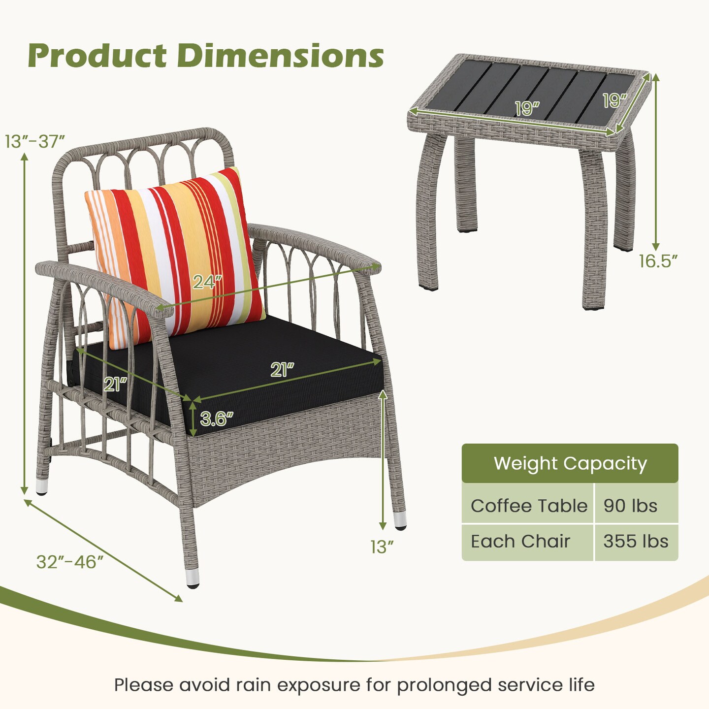 3-Piece Outdoor Patio Set Reclining PE Rattan Chairs with Cushions &#x26; Coffee Table, Adjustable Backrests, Mix Gray
