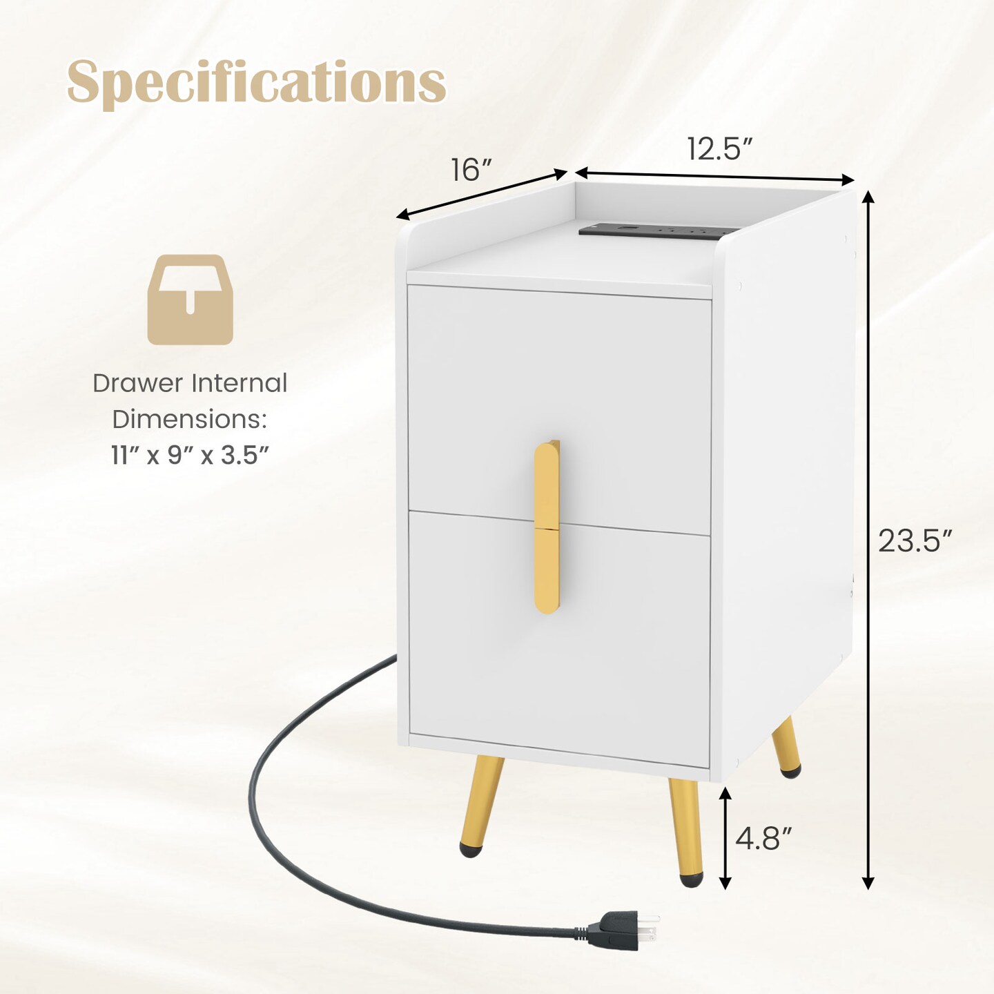 End Table Nightstand with Built-In Charging Station 2 USB Ports and 3 AC Outlets Drawers for Bedroom Office