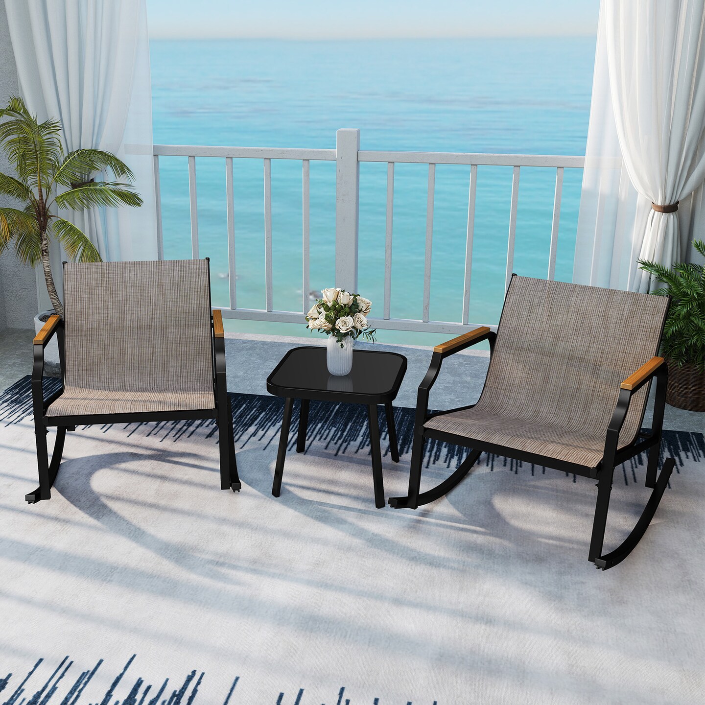 3-Piece Patio Rocking Bistro Set Black &#x26; Brown Metal Chairs with Quick-Dry Fabric