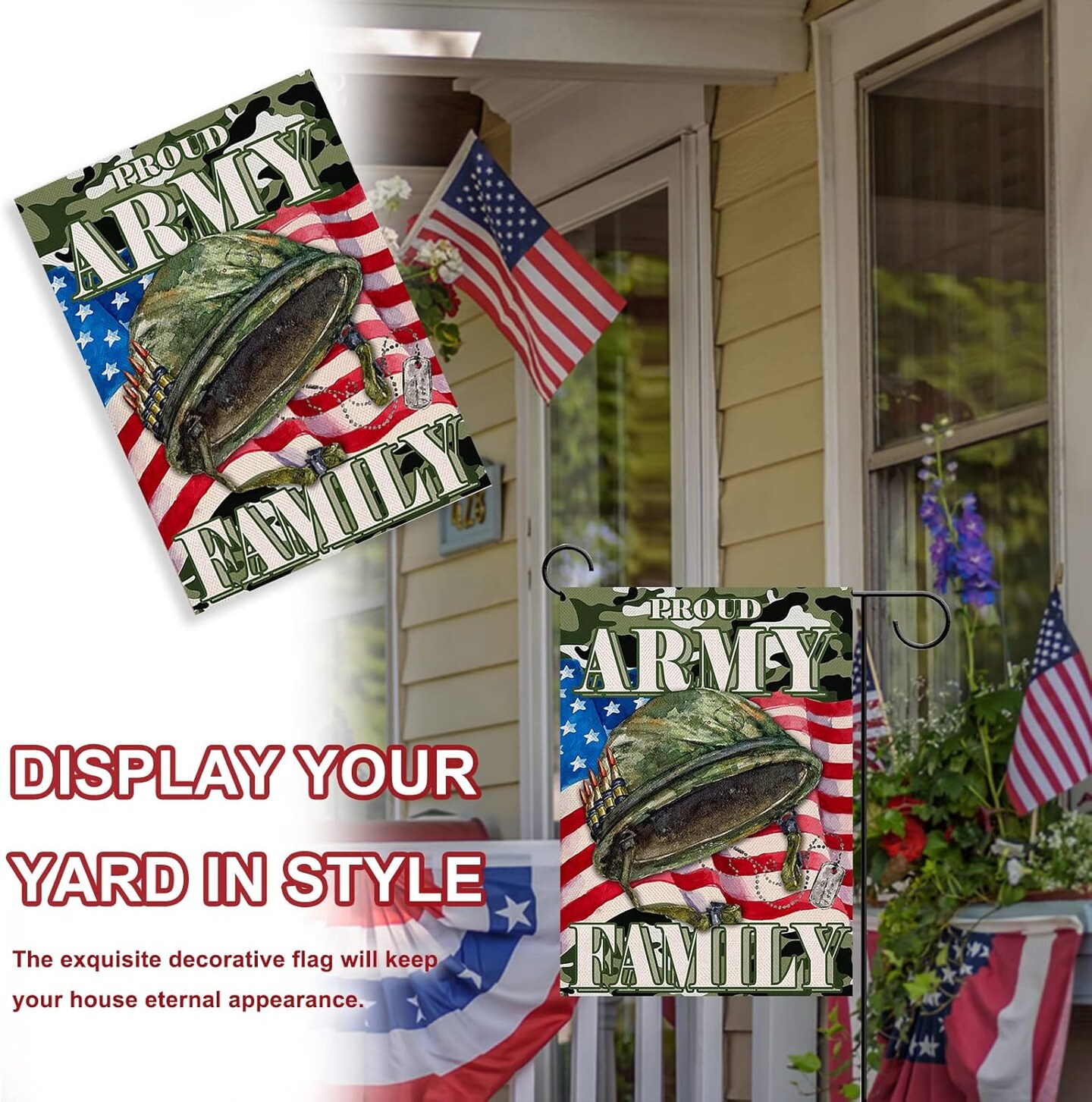 Proud Army Family 4th of July Patriotic Small Garden Flag, American Memorial Day Military Veterans Day Yard USA Armed Forces Rangers Outdoor Home Decoration America Outside Decor 12x18