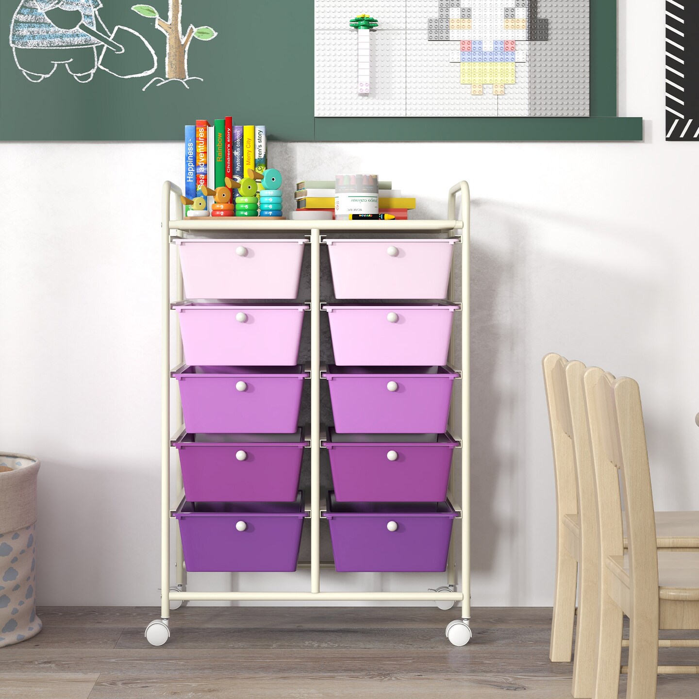 Rolling Storage Organizer Cart with 10 Drawers and Mesh Top Shelf