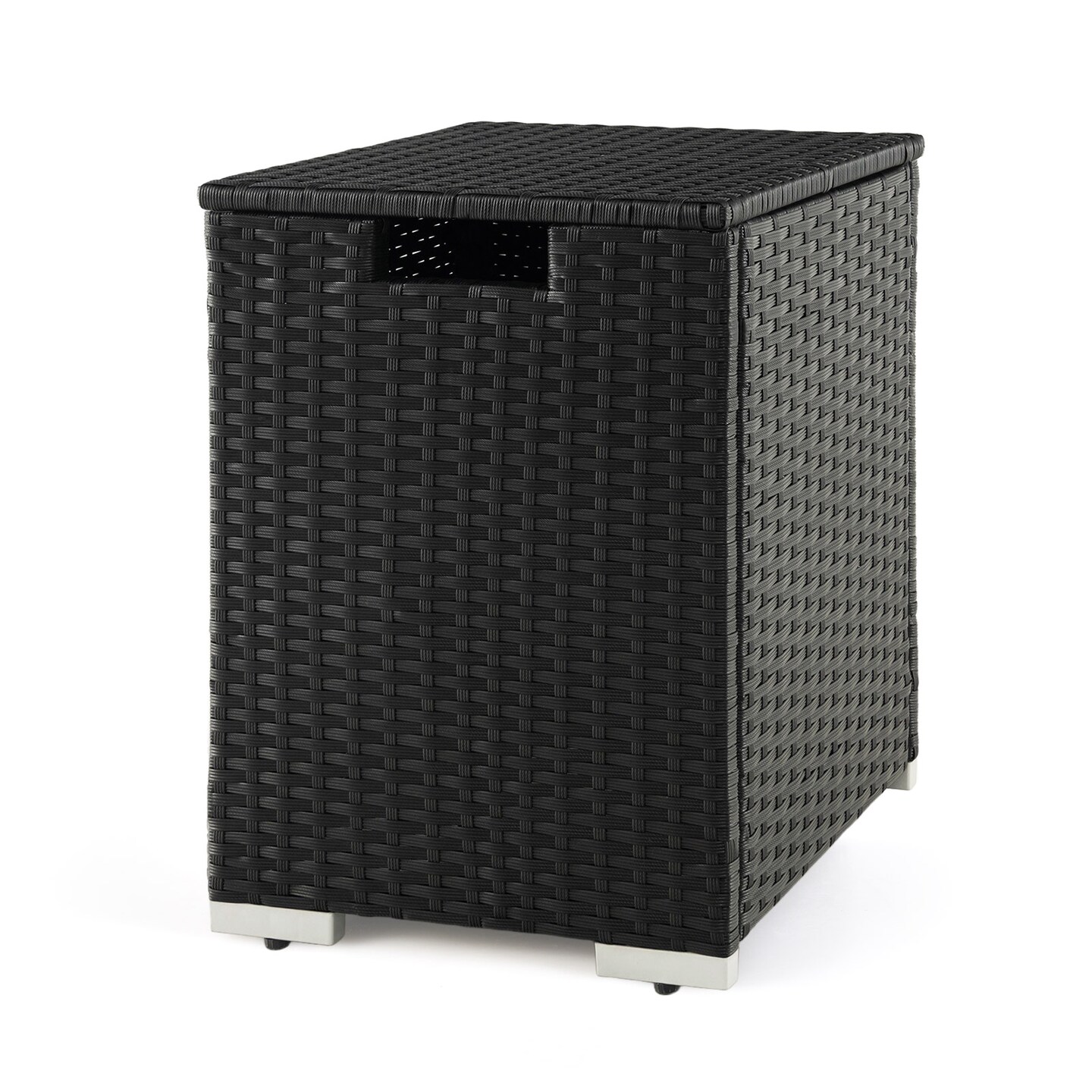 2-in-1 Multi-functional PE Wicker Propane Tank Cover Table with Metal Frame and Adjustable Foot pads