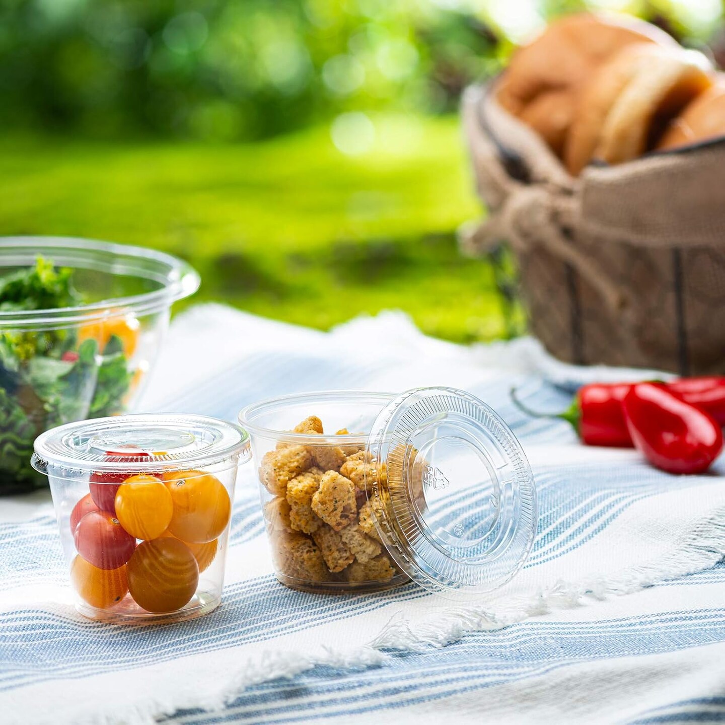 Portion Cups with Lids (5.5 Ounces, 100 Pack) | Disposable Plastic Cups for Meal Prep, Portion Control, Salad Dressing, &#x26; Medicine | Small Plastic Condiment Container