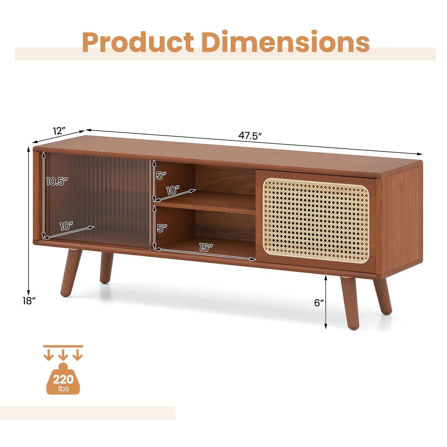 Modern Wicker TV Console with Rubber Wood Legs Adjustable Shelves and Rattan Sliding Door Design