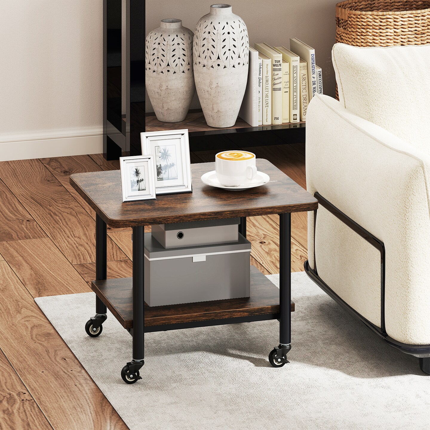 2-Tier Under Desk Printer Stand with Rolling Storage and Lockable Wheels