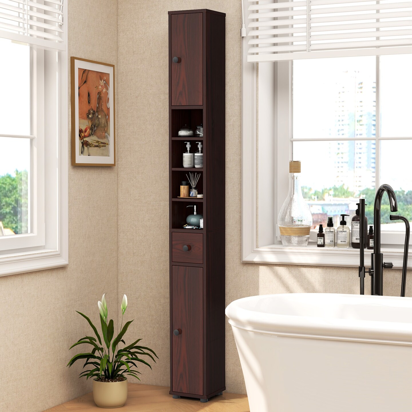 Freestanding Tall Storage Cabinet with Open Shelves Drawer and Double Door Organizer for Compact Spaces